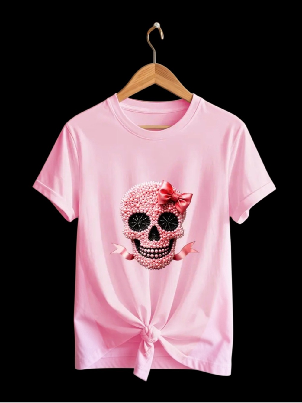 NWT Pink Pearl Beaded Skull Graphic Tee β Size L/XL β Cute Bow & Ribbon Detail - Picture 2 of 3